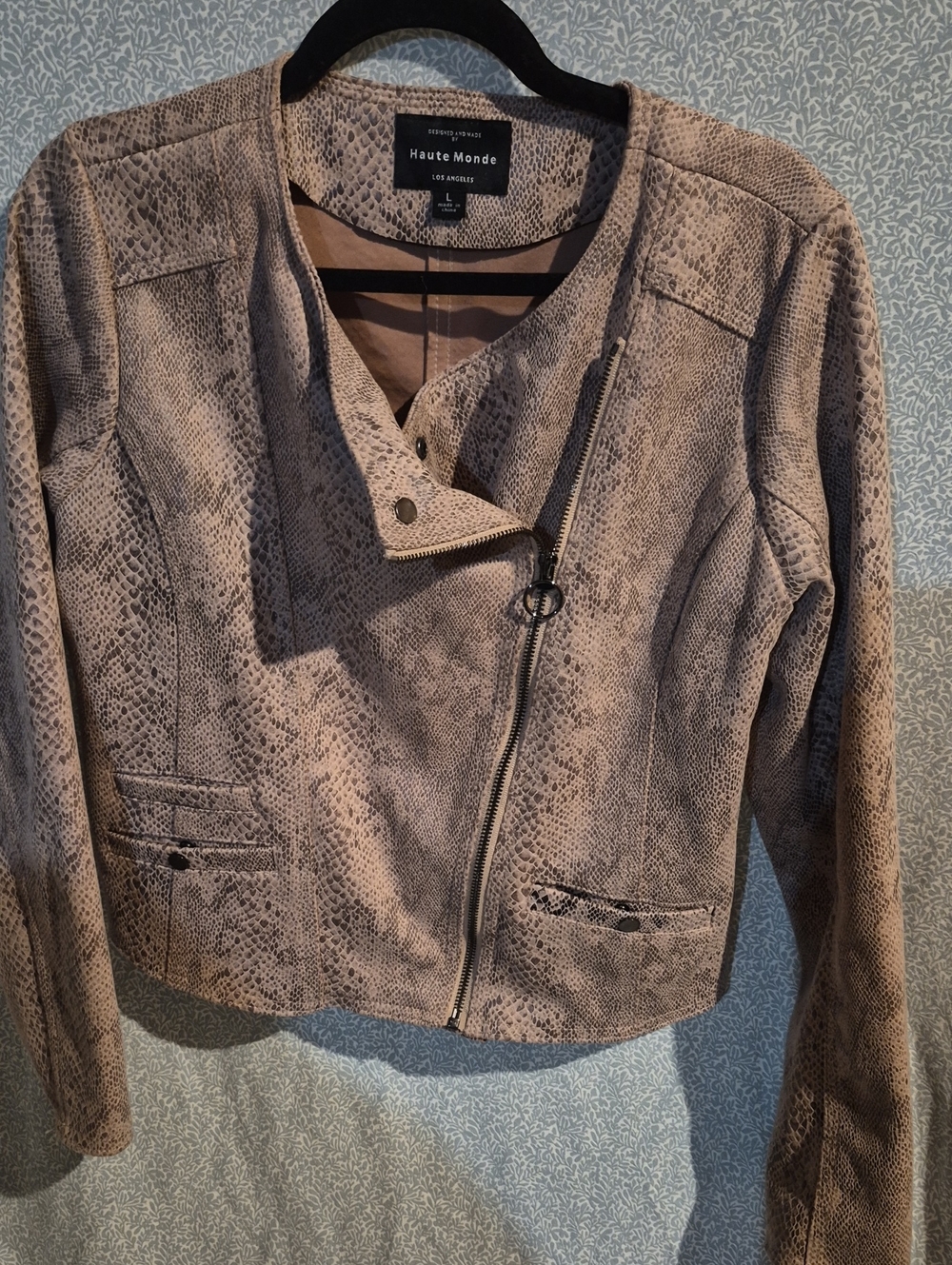 Haute Monde Beige Taupe Snake-Print Asymmetrical Zip Jacket Size Large